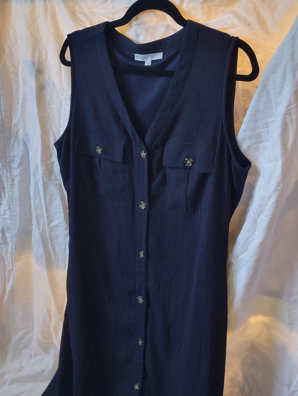Sleeveless Navy Button-Front Shirt Dress with Tie Waist - Picture 3 of 10